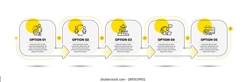 Vip podium, Workflow and Web call line icons set. Timeline process flowchart. Employee sign. Exclusive privilege, Partnership, Phone support. Cogwheel. Business set. Vector