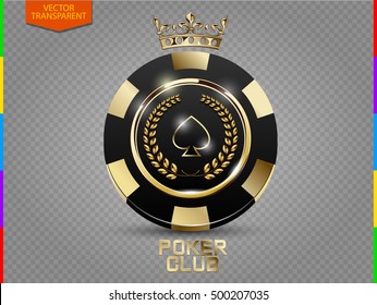 VIP poker black and golden chip vector. Royal poker club casino emblem with crown, laurel wreath and spades isolated on transparent background