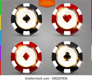 VIP poker black and red chip vector collection. Casino spades, hearts, phillips, diamonds suit set isolated on transparent background