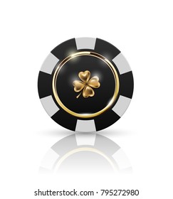 VIP poker black and white chip with golden ring and light effect vector. Black jack poker club casino four-leaf clover emblem isolated on white background with reflect