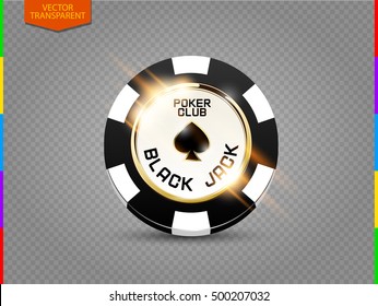 VIP poker chip with light effect vector. Black jack poker club casino spades emblem isolated on transparent background