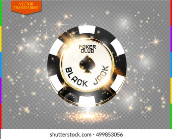 VIP poker chip with sparkling light effect vector. Black jack poker club casino spades emblem with sparks isolated on transparent background