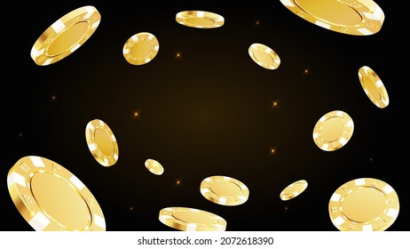 Vip poker chips flying around the center. Gambling game, casino 3d golden chips. Gamble game money, luck, jackpot, win concept. Vector illustration