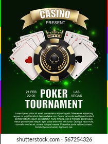 VIP poker luxury black and golden chip, golden crown with ace card vector casino poster concept. Royal poker club tournament banner with laurel wreath, ribbon, spade, light effect on green background