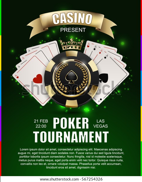 VIP poker luxury black and golden chip, golden\
crown with ace card vector casino poster concept. Royal poker club\
tournament banner with laurel wreath, ribbon, spade, light effect\
on green background