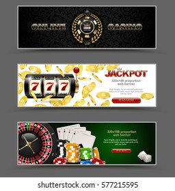 VIP poker luxury horizontal web banner set. Chip stack vector online casino text club golden logo concept. Royal poker card, roulette, dice. Slot machine, falling golden coins jackpot.