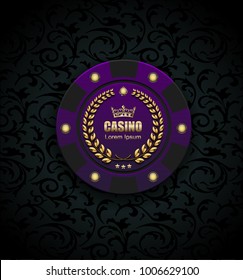 VIP poker luxury purple chip vector casino logo concept. Royal poker club emblem with golden crown, laurel wreath and spade on black floral pattern cloth background