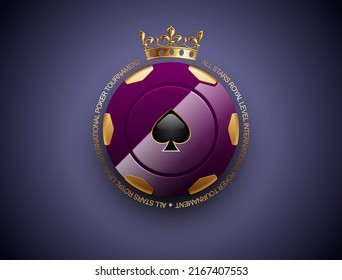 VIP Poker Luxury Purple And Golden Chip Vector Casino Logo Concept. Royal Poker Tournament Or Club Emblem With Gold Crown And Spade On Lavender Background