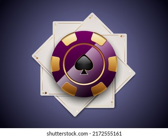 VIP poker luxury purple and golden chip on white aces and kings playing cards vector casino logo. Royal poker tournament or club emblem with spade on lavender background