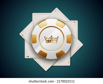 VIP poker luxury white and golden chip on white aces and kings playing cards vector casino logo. Royal poker tournament or club emblem with crown on turquoise background