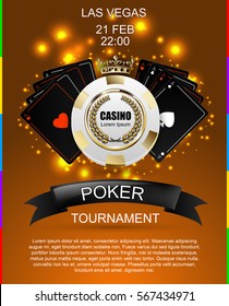 VIP poker luxury white and golden chip, golden crown with black ace card vector casino poster. Royal poker club tournament banner with laurel wreath, ribbon, spade, light effect on ocher background