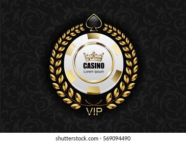 VIP poker luxury white and golden chip vector casino logo concept. Royal poker club emblem with crown, laurel wreath and spade on black floral pattern cloth background