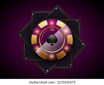 VIP poker purple and golden chip on black aces and kings playing cards vector casino logo. Royal poker tournament or club emblem with spade and LED light bulbs dark luxury background