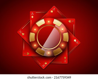 VIP poker red and golden chip on red aces and kings playing cards vector casino logo. Royal poker tournament or club emblem with LED light bulbs excitement luxury background