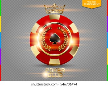 VIP Poker Red And Golden Chip With Light Effect Vector. Royal Poker Club Casino Emblem With Crown, Laurel Wreath And Spades Isolated On Transparent Background