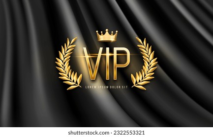 Vip poster with golden crown and laurel wreath on curtain background. Vector illustration.