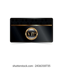 VIP Premium black card with golden shinning label with brilliants golden frame white isolated background