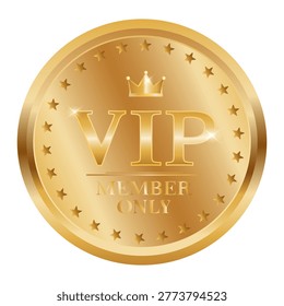 VIP Premium Chip. Round gold premium membership icon with golden text and a crown. Vector illustration on an isolated background.