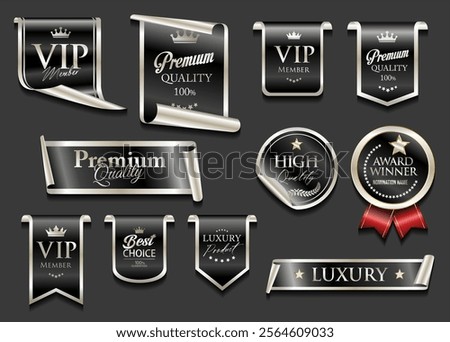 VIP and premium emblem and badges black and silver color isolated on black background stock illustration 