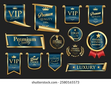 VIP and premium emblem and badges blue and gold color isolated on black background stock illustration