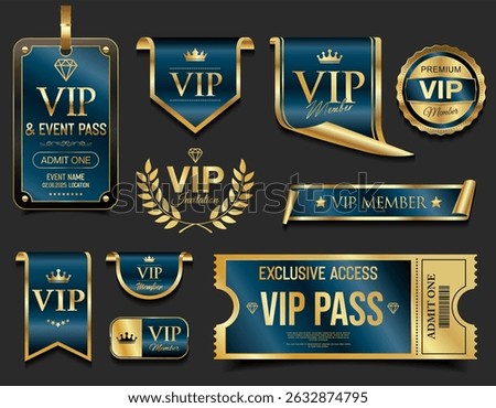 VIP and premium emblem and badges blue and gold color isolated on black background stock illustration