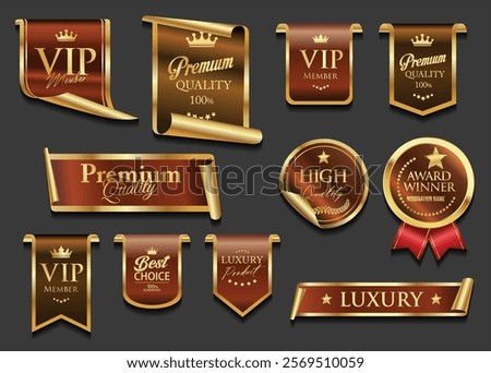 VIP and premium emblem and badges brown and gold color isolated on black background stock illustration