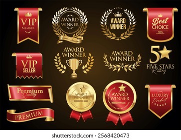 VIP and premium emblem and badges red and gold color isolated on black background stock illustration