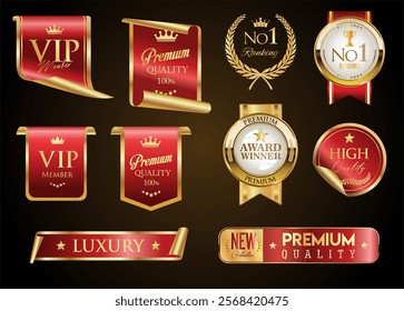 VIP and premium emblem and badges red and gold color isolated on black background stock illustration