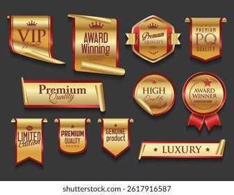 VIP and premium emblem and badges red and gold color isolated on black background vector stock illustration 