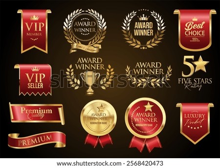 VIP and premium emblem and badges red and gold color isolated on black background stock illustration