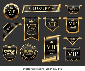 VIP e emblema premium preto e ouro isolado no fundo cinza