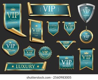 VIP and premium emblem blue and gold isolated on black background stock illustration 