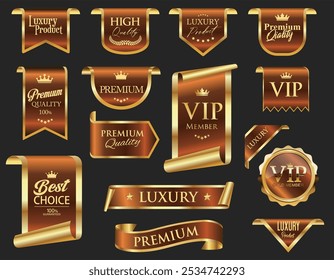 VIP e emblema premium bronze e ouro isolado no fundo cinza