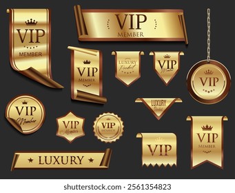 VIP and premium emblem bronze and gold isolated on black background stock illustration 