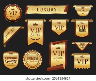 VIP and premium emblem bronze and gold isolated on black background stock illustration 