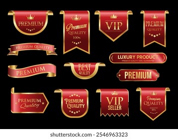 VIP e emblema premium vermelho e ouro isolado no fundo cinza 