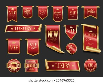 VIP e emblema premium vermelho e ouro isolado no fundo cinza 