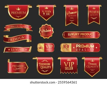 VIP and premium emblem red and gold isolated on black background stock illustration 