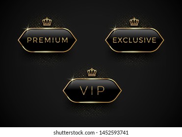 Vip, Premium and Exclusive black glass labels with golden crown and frame on a black background. Premium design. Luxury template design. Vector illustration.
