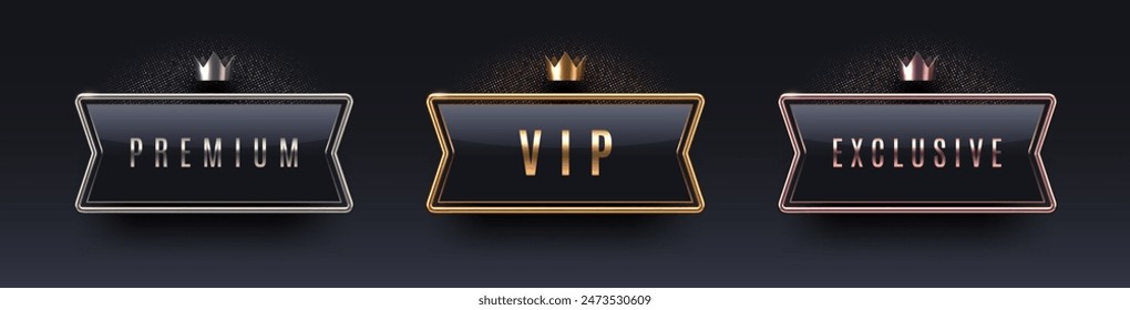 VIP, premium and exclusive sign with 3d metal frame and crown. Golden, silver and bronze metallic luxury sign on black background. Vector set.