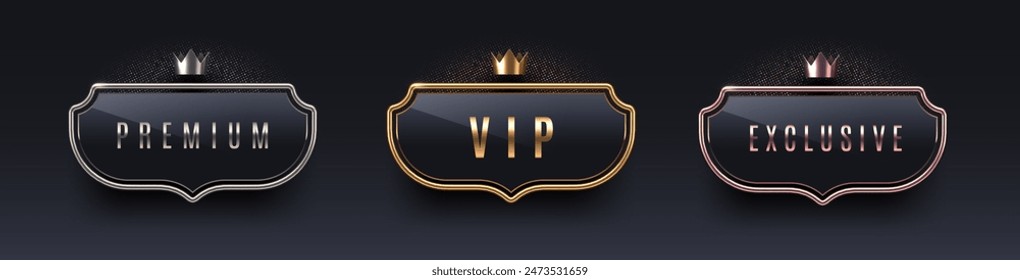 VIP, premium and exclusive sign with 3d metal frame and crown. Golden, silver and bronze metallic luxury sign on black background. Vector set.