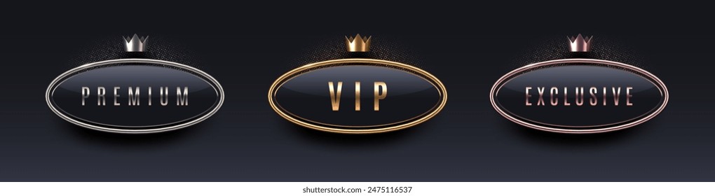 VIP, premium and exclusive sign with 3d metal frame and crown. Golden, silver and bronze metallic luxury sign on black background. Vector set.