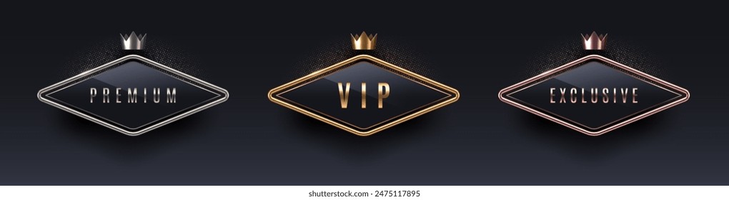 VIP, premium and exclusive sign with 3d metal frame and crown. Golden, silver and bronze metallic luxury sign on black background. Vector set.