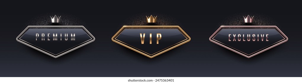 VIP, premium and exclusive sign with 3d metal frame and crown. Golden, silver and bronze metallic luxury sign on black background. Vector set.