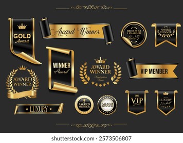 VIP, premium and gold award emblem black and gold isolated on gray background