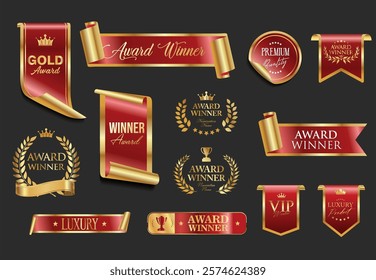 VIP, premium and gold award emblem red and gold isolated on gray background 