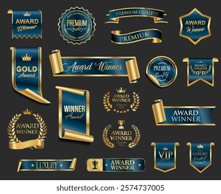 VIP, premium and gold award emblem blue and gold isolated on gray background 