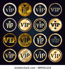 VIP premium golden badges set. Black and golden design template. Quilted pattern decorative background with gold ribbon, crown and diamonds.