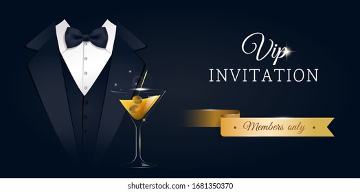 VIP premium horizontal invitation card.  Black banner with businessman suit, tie and martini glass. Black and golden design template. Vector illustration