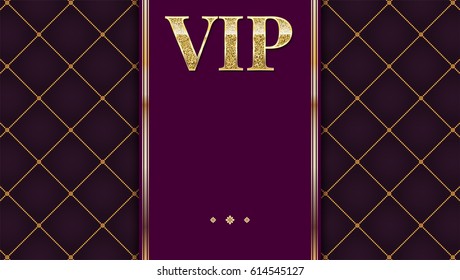 VIP premium invitation card, poster or flyer for party. Golden design template with glittering shine text. Quilted pattern decorative background with gold ribbon and text badge.